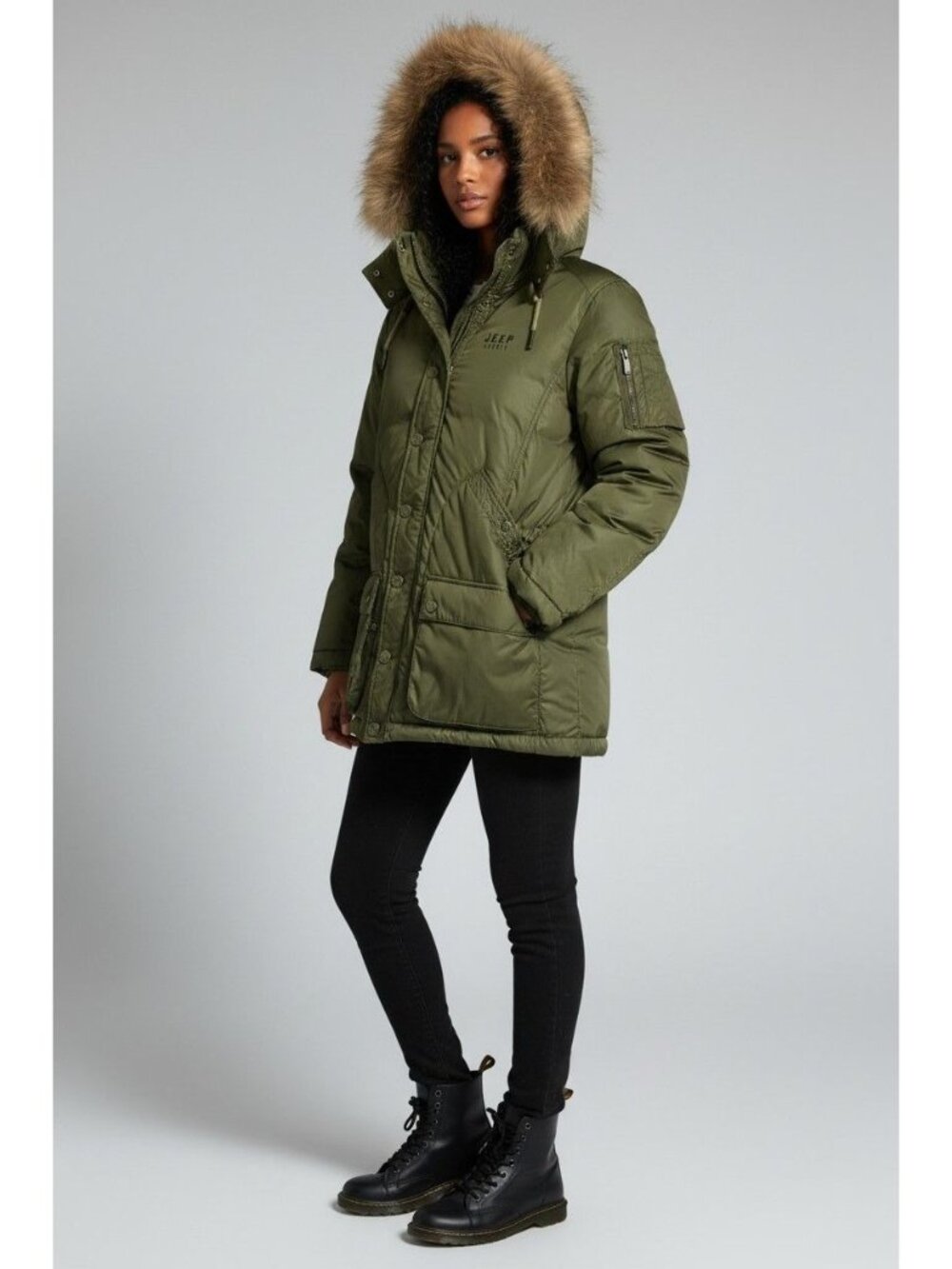 Jeep Spirit Womens Green Hooded Jacket With Faux Fur Trim & Camo Lining Size S